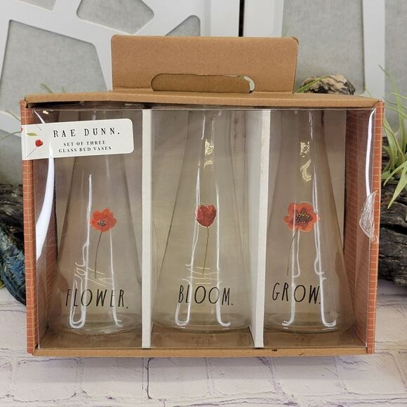 Rae Dunn BLOOM, FLOWER, GROW Set of 3 Glass Bud Vases - Picture 1 of 11
